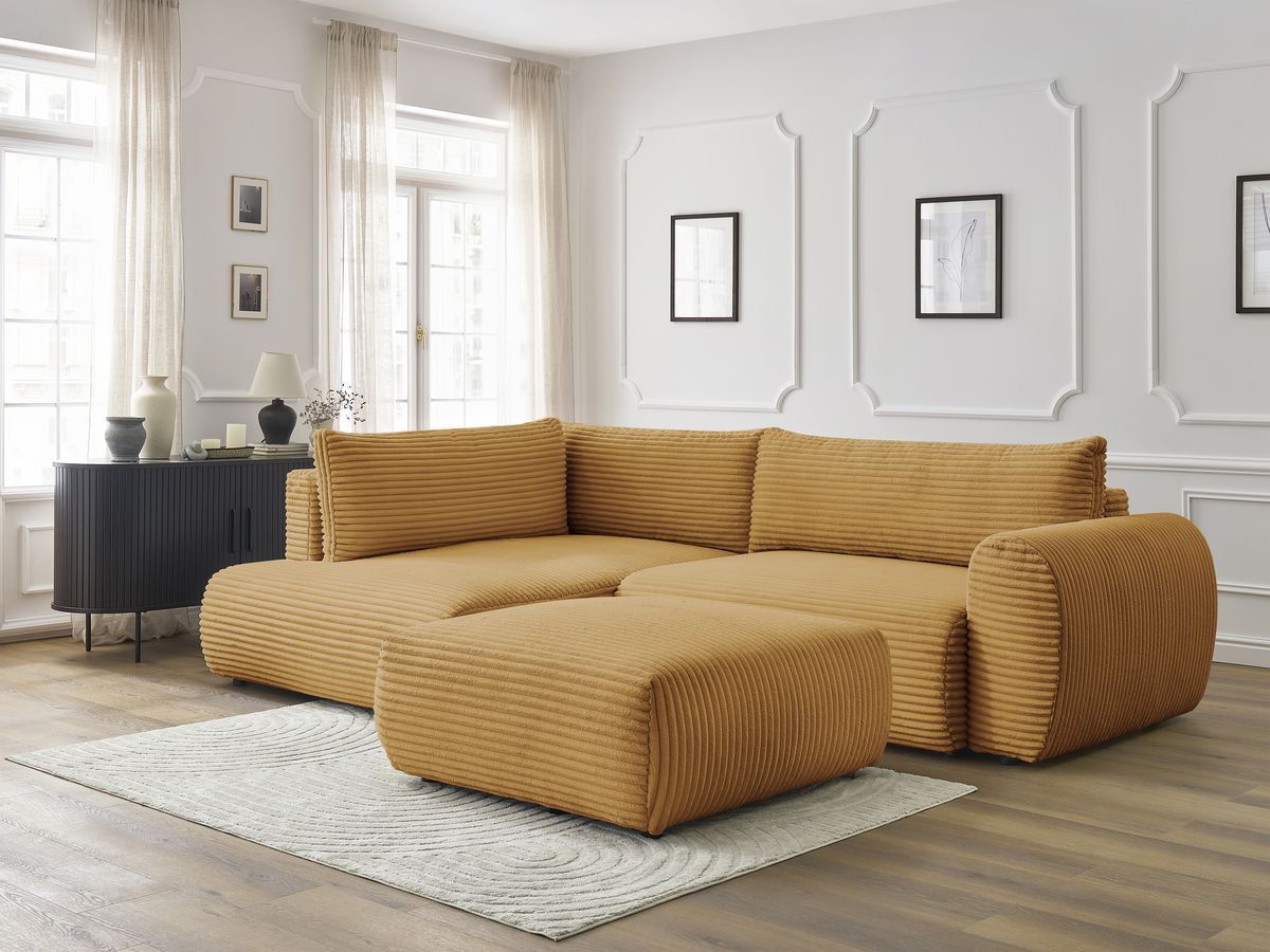 Bobochic Lucien Ecksofa mit Schlaffunktion und Bettkasten und Pouf 296 × 198 cm Breitcord weich Gelb Ecke links