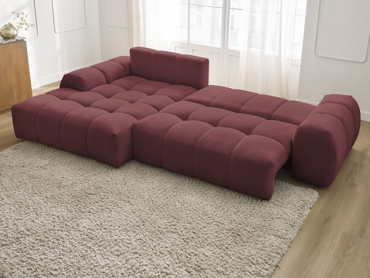 Bobochic Everest Ecksofa mit Schlaffunktion und Bettkasten 318 × 180 cm, 3 Kissen Melange-Stoff Rot Ecke links