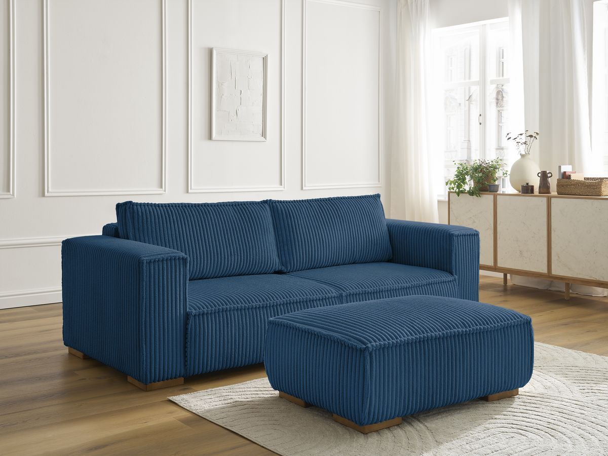 Bobochic Chelsea Sofa 4-Sitzer mit Pouf Breitcord weich Dunkelblau
