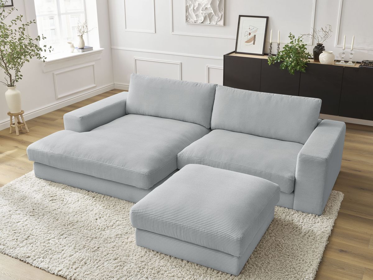 Bobochic Leonard Ecksofa mit Pouf 234 × 159 cm Cordsamt Hellgrau Ecke links