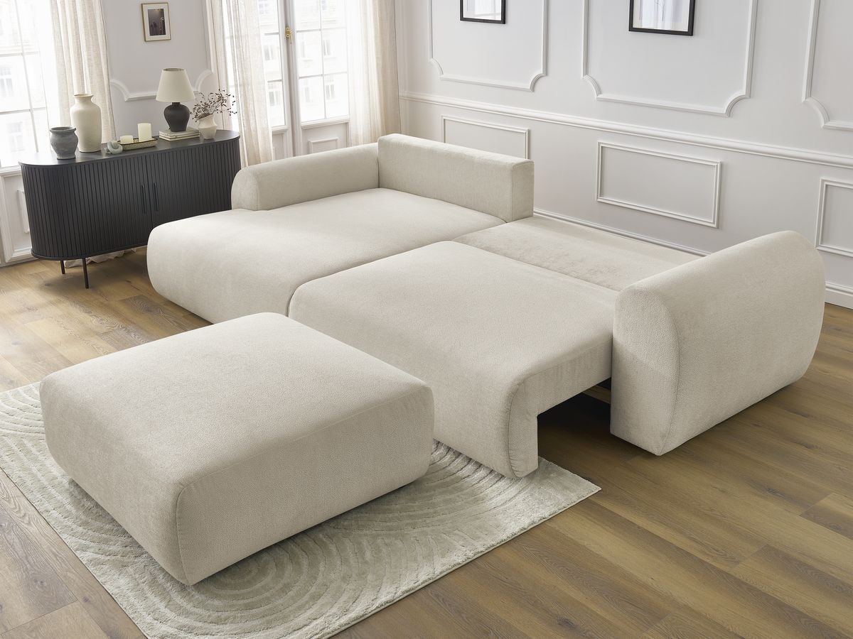 Bobochic Lucien Ecksofa mit Schlaffunktion und Bettkasten und Pouf 314 × 167 cm Stoff Beige Ecke links