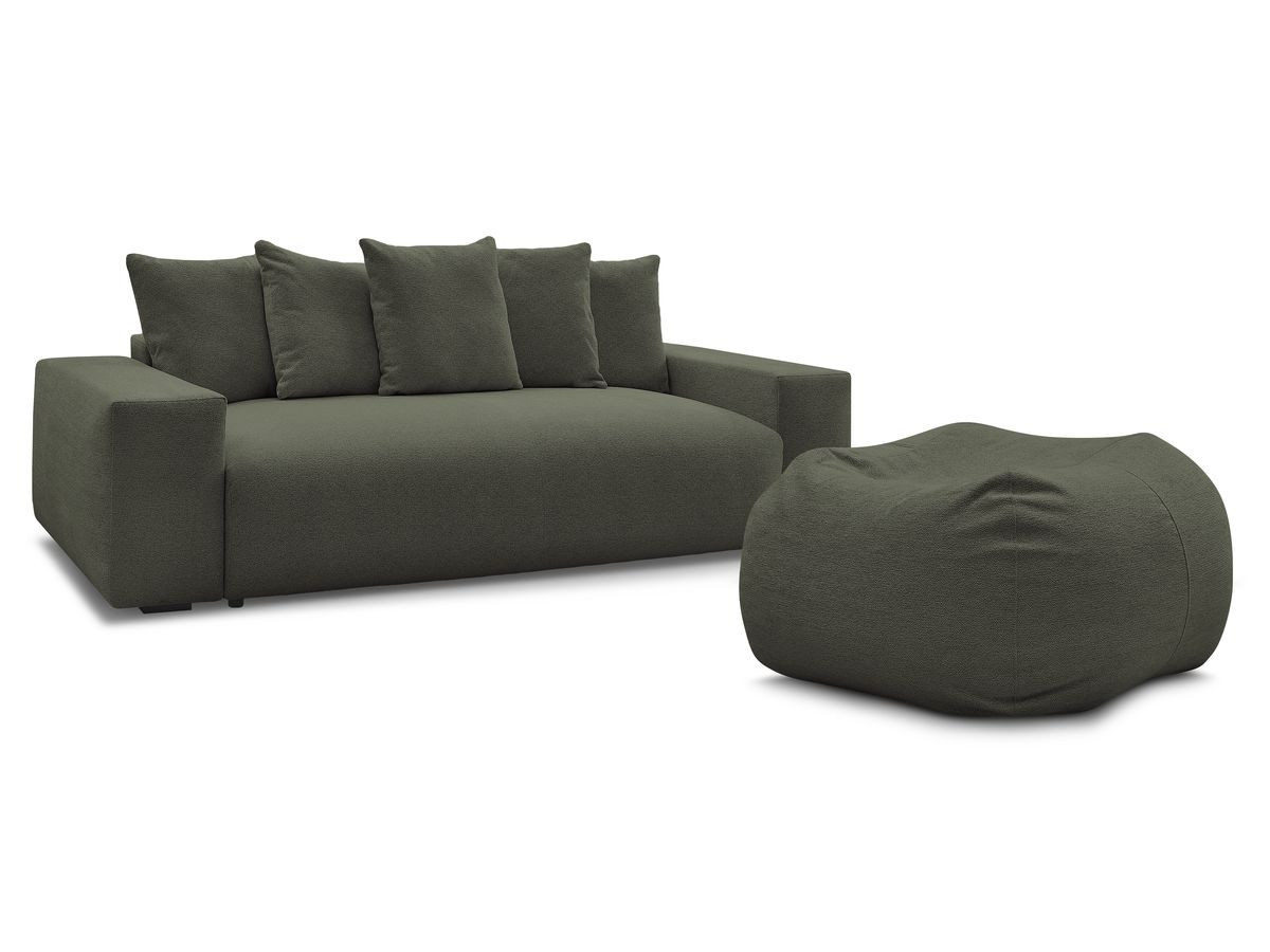 Bobochic Voltaire Schlafsofa 4-Sitzer mit Bettkasten und Pouf Melange-Stoff Grün