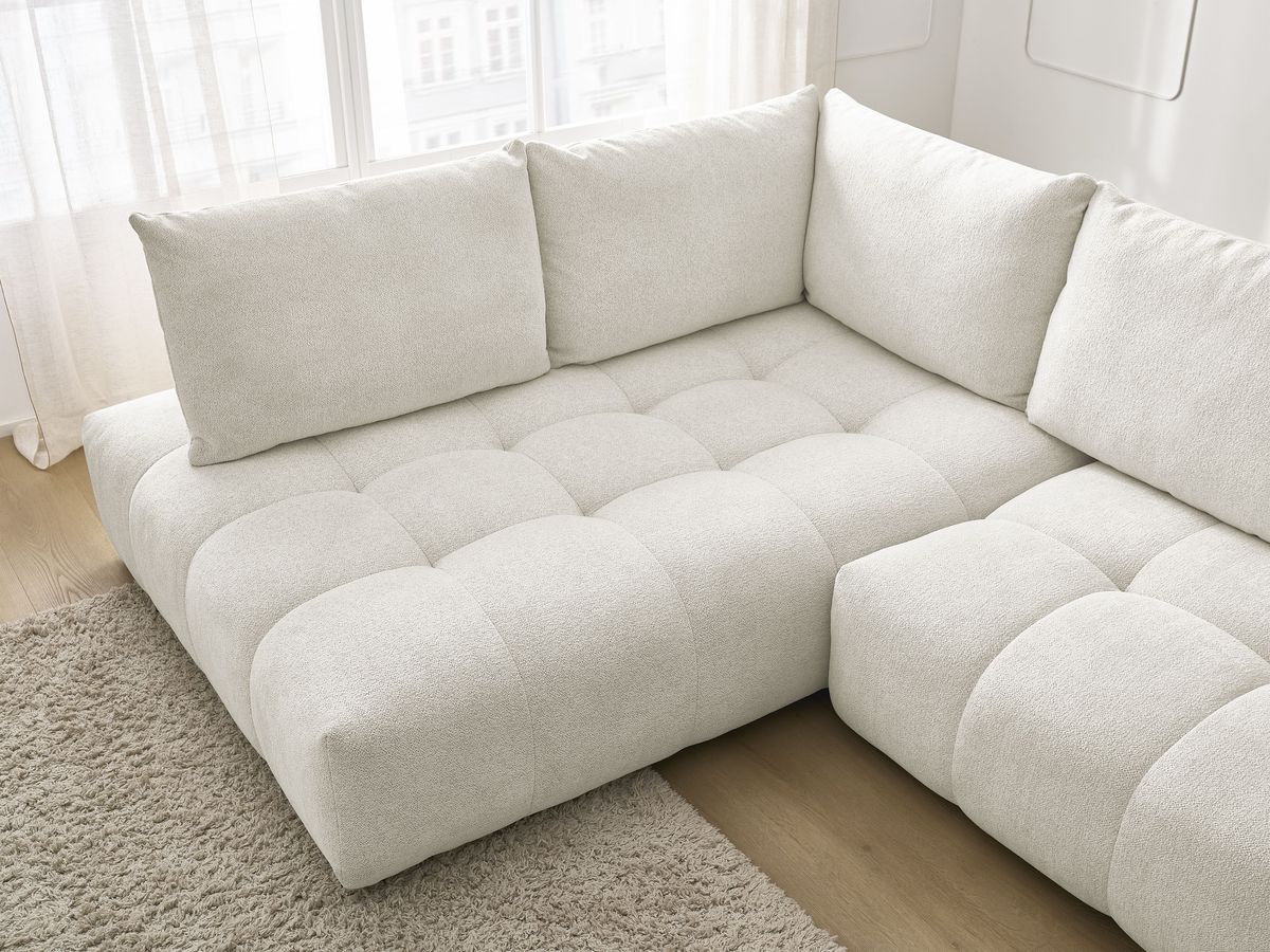 Bobochic Everest Ecksofa mit Schlaffunktion und Bettkasten 320 × 212 cm, 5 Kissen Melange-Stoff Weiß Ecke links