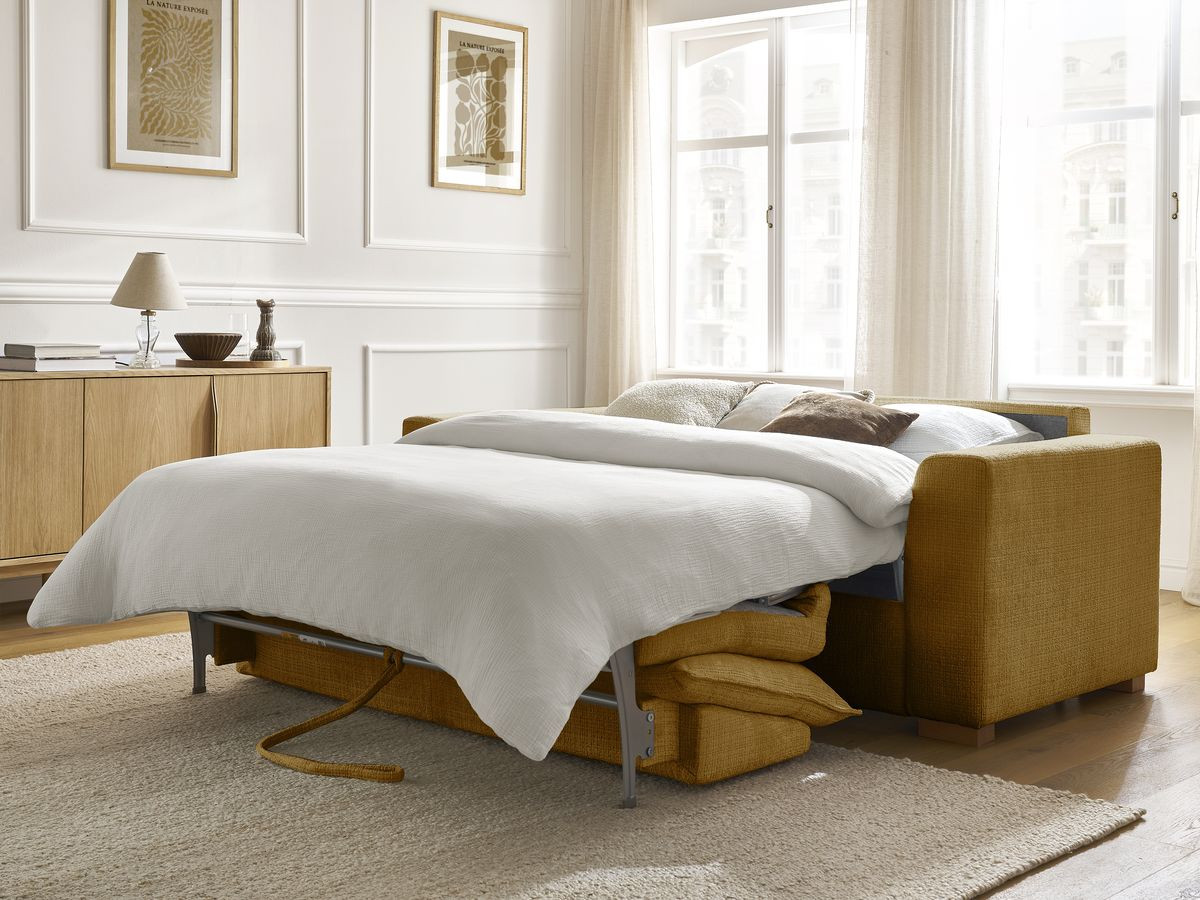 Bobochic Augustin Schlafsofa 3-Sitzer Strukturstoff Gelb, Liegefläche 160 × 200 cm