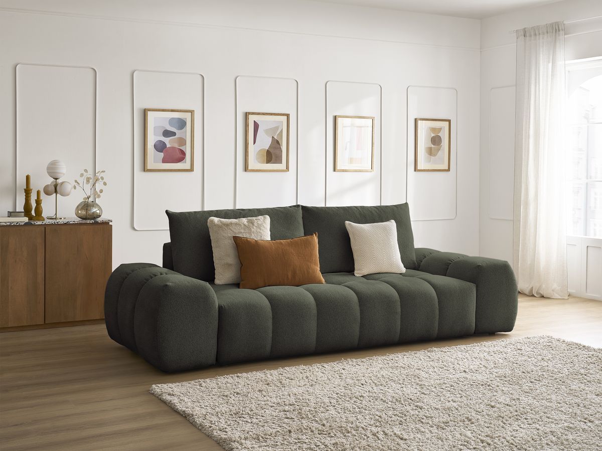 Bobochic Everest Schlafsofa 3-Sitzer mit Bettkasten, 2 Kissen Melange-Stoff Grün