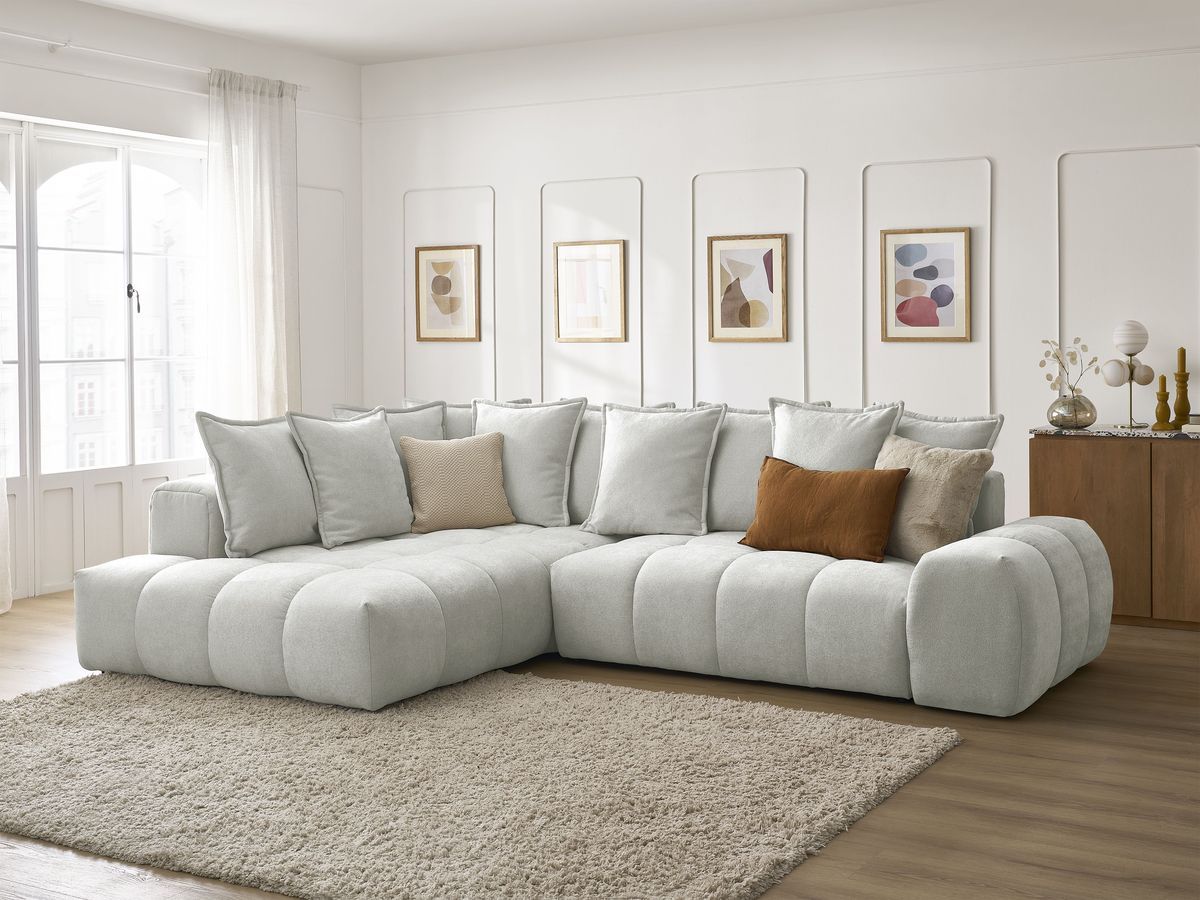 Bobochic Everest Ecksofa mit Schlaffunktion und Bettkasten 320 × 212 cm, 10 Kissen Strukturstoff Hellgrau Ecke links