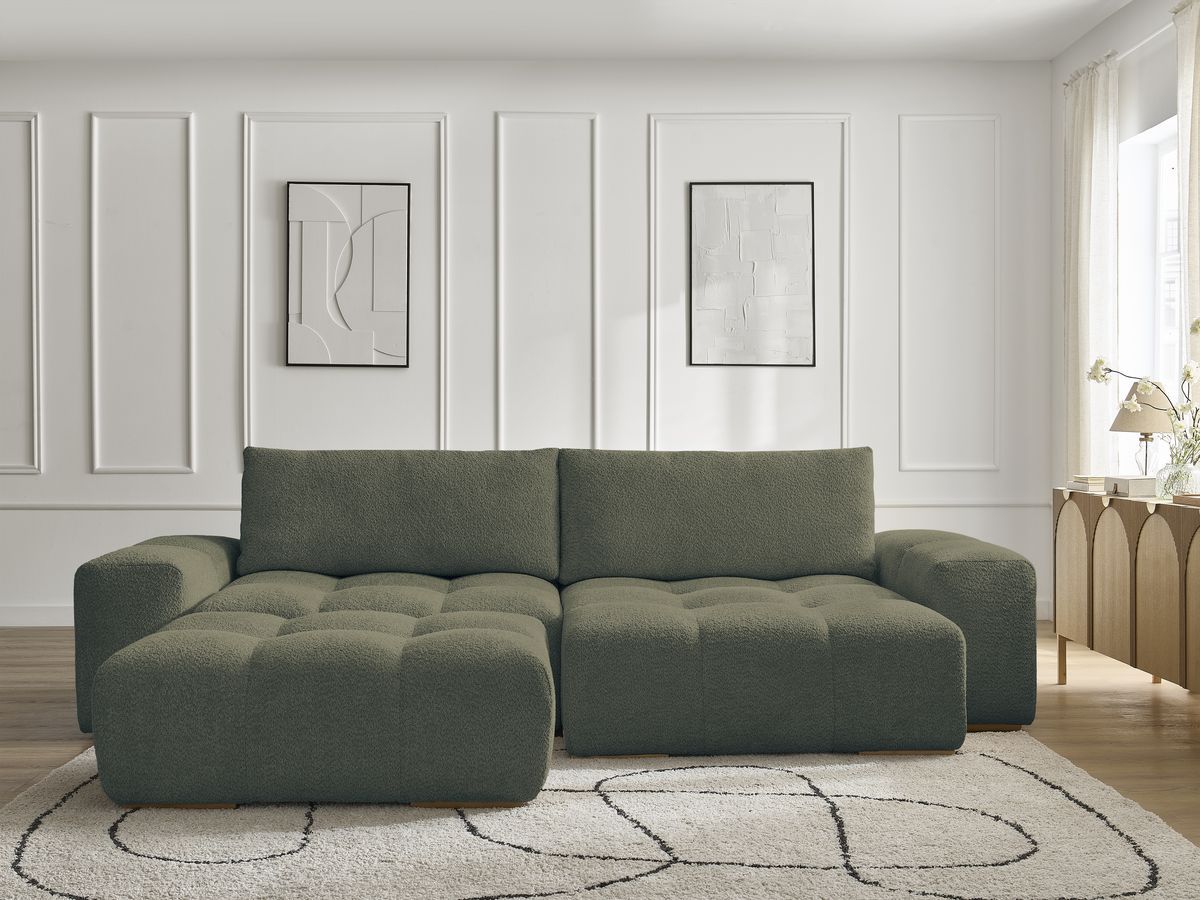 Bobochic Anakin Ecksofa mit Schlaffunktion und Bettkasten und Pouf, 2 Kissen Bouclé-Stoff Grün