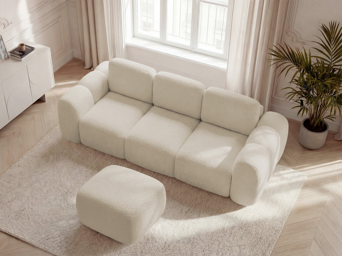 Bobochic Montaigne Schlafsofa 3-Sitzer mit Bettkasten und Pouf Bouclé-Stoff Beige