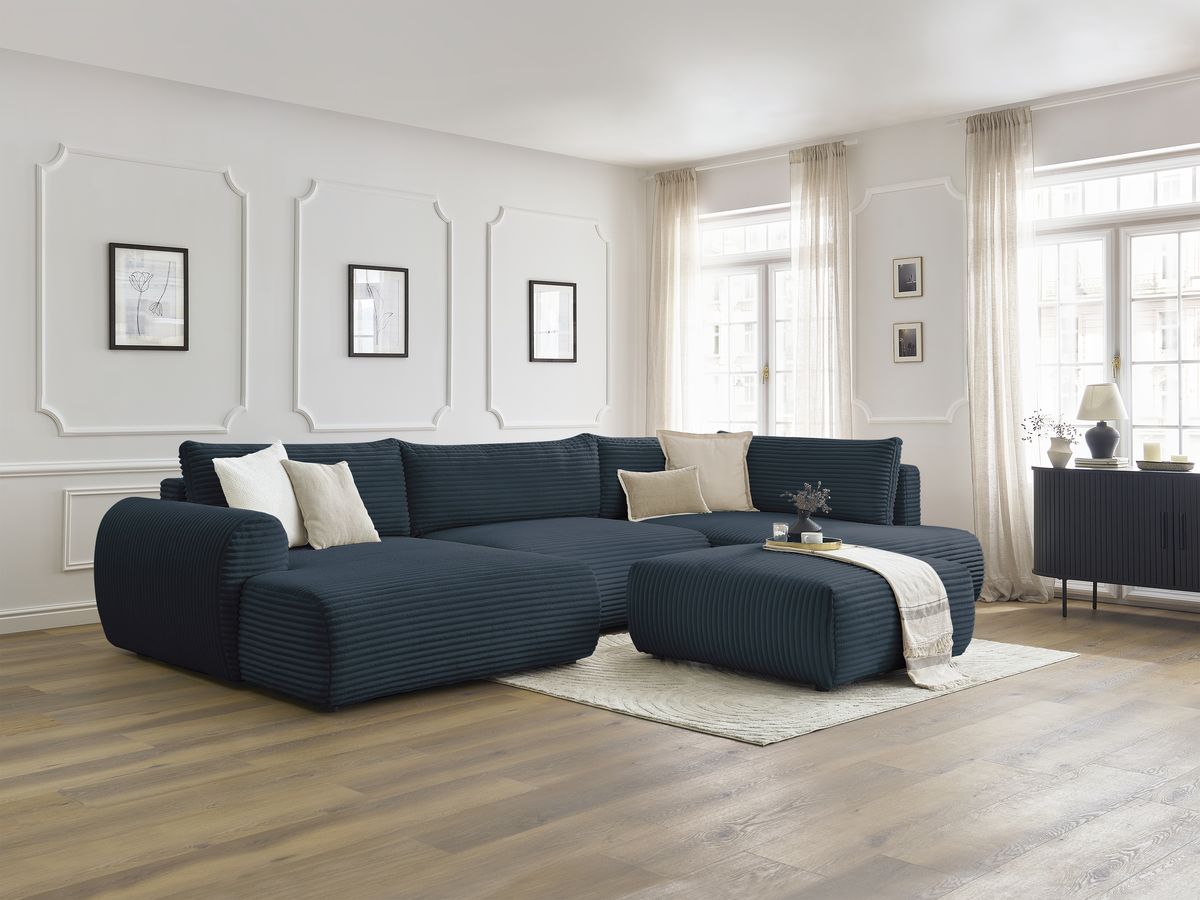 Bobochic Lucien Wohnlandschaft mit Pouf Breitcord weich Dunkelblau Ecke links