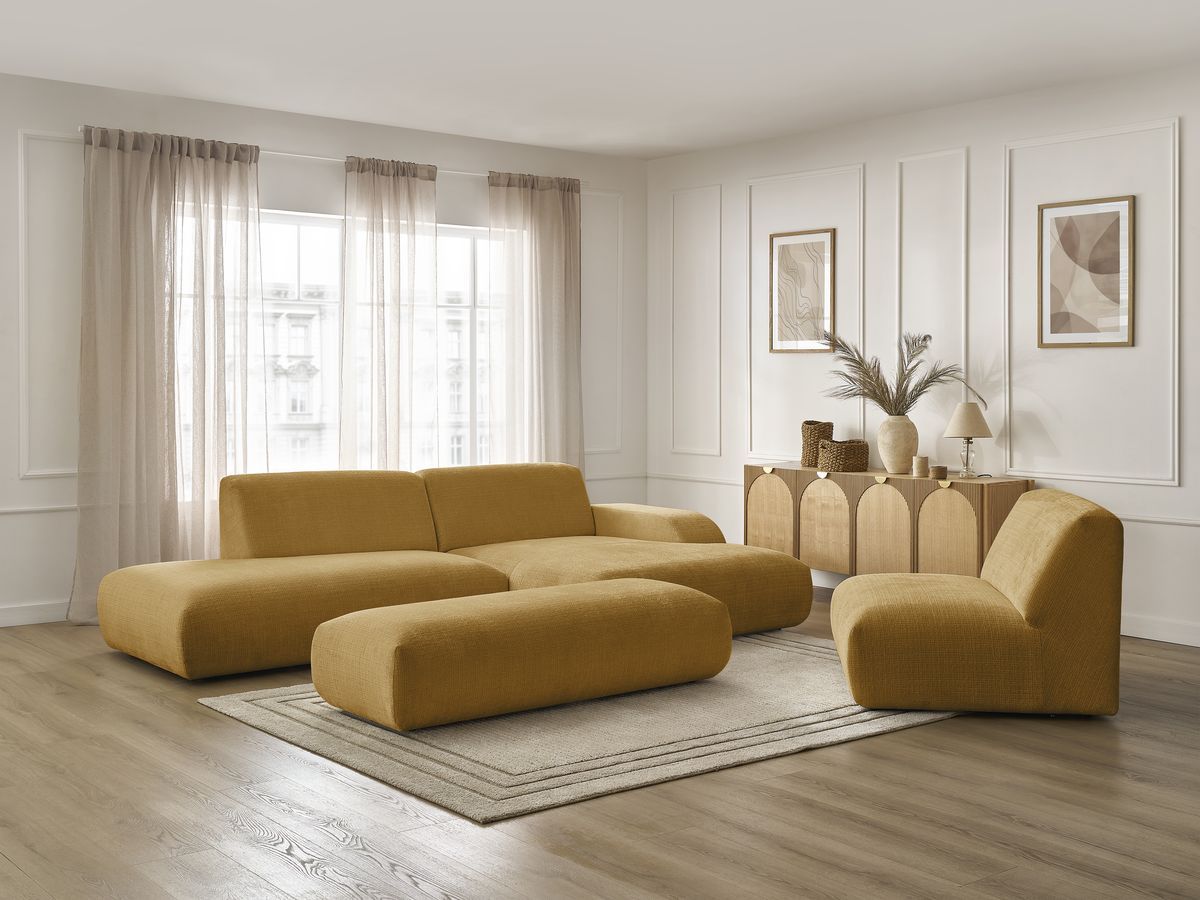 Bobochic Sirius Ecksofa mit Pouf 405 × 170 cm Strukturstoff Gelb Ecke rechts