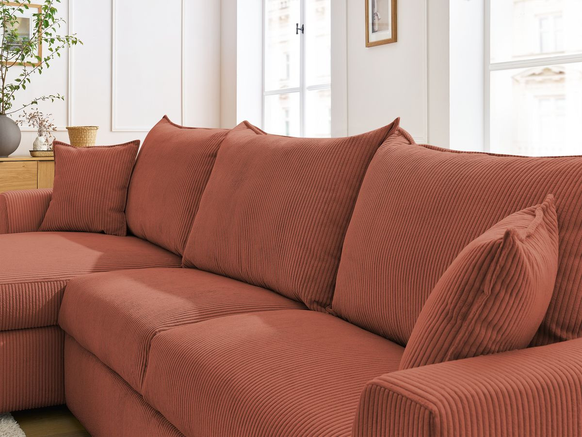 Bobochic Augustin Ecksofa mit Schlaffunktion und Bettkasten Cordsamt Orange, Liegefläche 160 × 200 cm