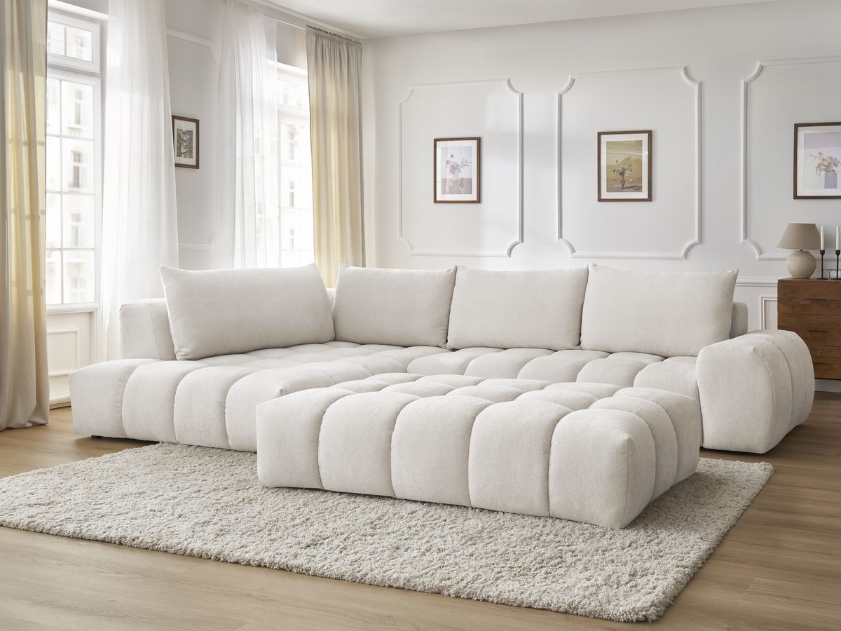 Bobochic Everest Ecksofa mit Schlaffunktion und Pouf, 4 Kissen Strukturstoff Weiß Ecke links