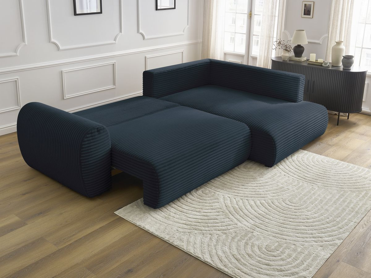 Bobochic Lucien Ecksofa mit Schlaffunktion und Bettkasten 296 × 198 cm Breitcord weich Dunkelblau Ecke rechts
