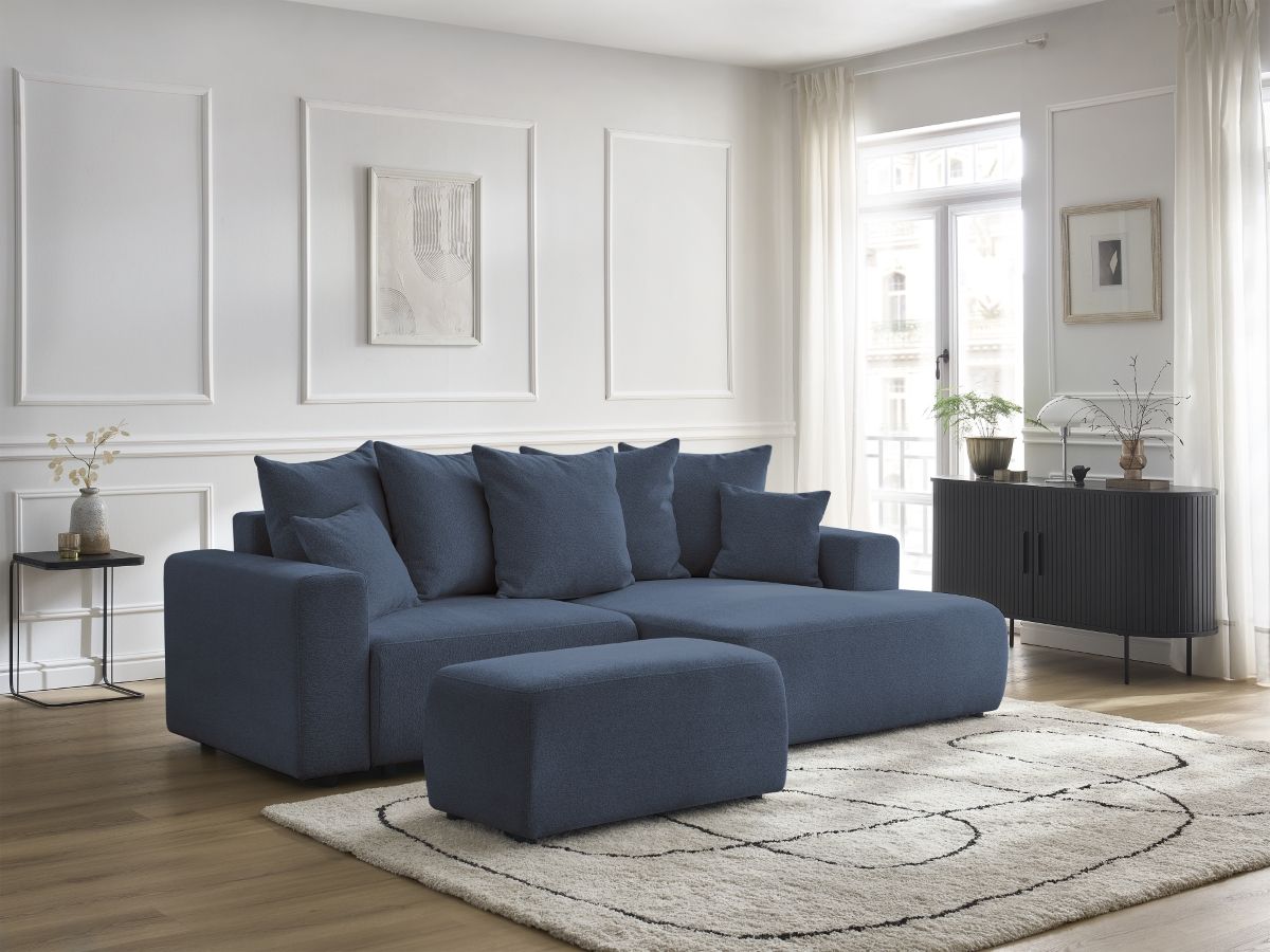 Bobochic Atilla Ecksofa mit Schlaffunktion und Bettkasten und Pouf Melange-Stoff Blau Ecke rechts