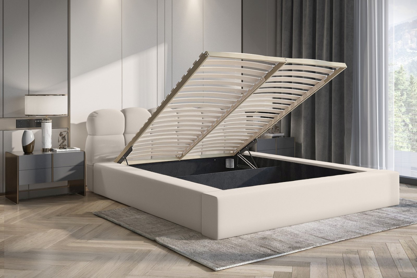 Polsterbett Vento-New Samtstoff 140x200 mit Holzrahmen Piano 02 Helles Beige