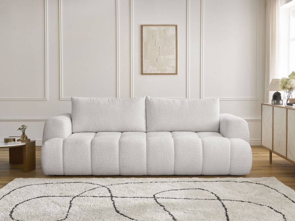 Bobochic Fuji Schlafsofa 3-Sitzer mit Bettkasten Bouclé-Stoff Weiß