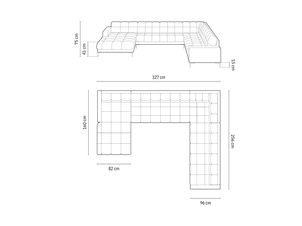 Cosmopolitan Design Panoramasofa Bali 7-Sitzer 327 cm Samt Bluvel Dunkelgrau Melange Rechts Beine Gold