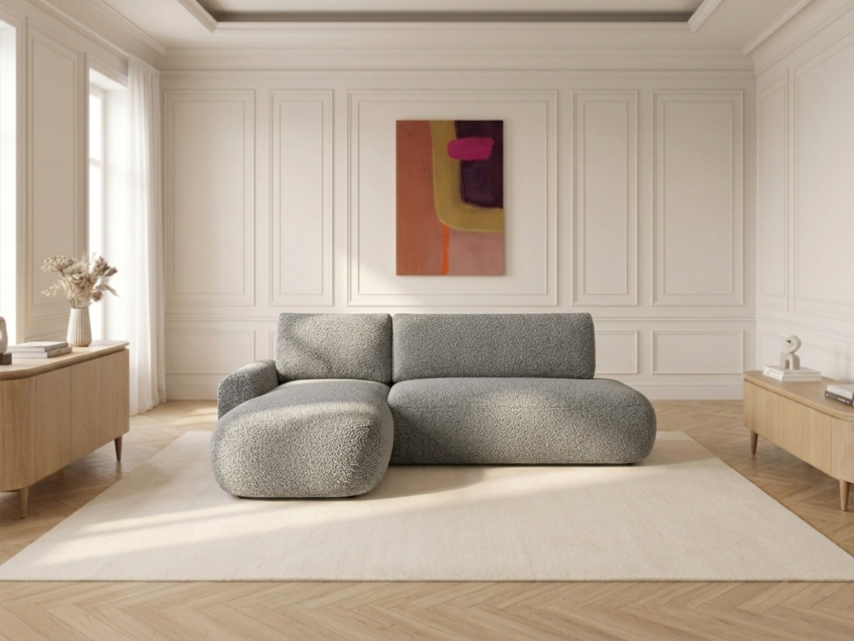 Bobochic Tango Ecksofa mit Schlaffunktion und Bettkasten Bouclé-Stoff Grau Ecke links
