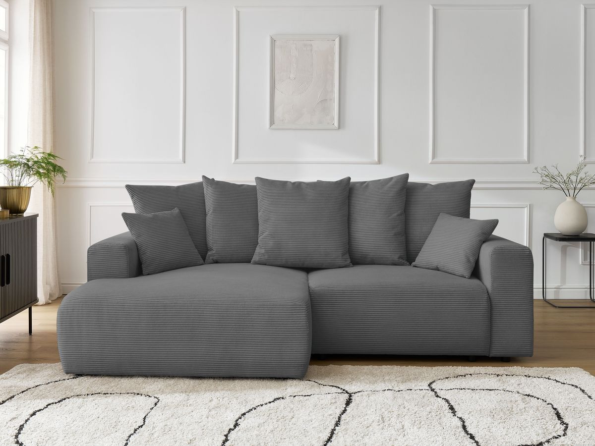 Bobochic Atilla Ecksofa mit Schlaffunktion und Bettkasten Cordsamt Dunkelgrau Ecke links