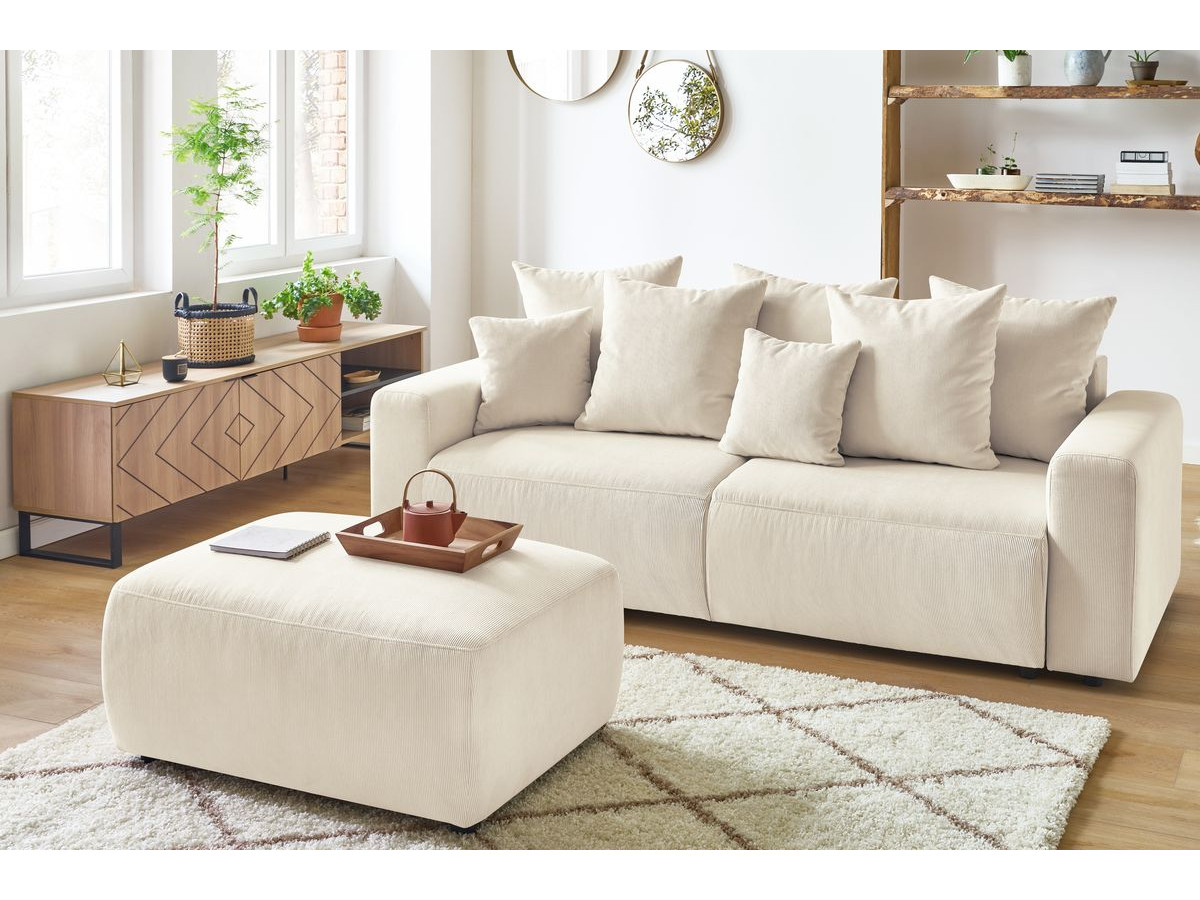 Bobochic Envy Schlafsofa 3-Sitzer mit Bettkasten und Pouf Cordsamt Beige
