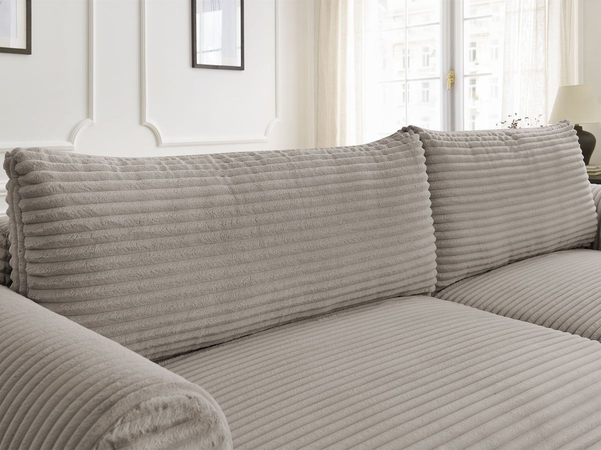 Bobochic Lucien Ecksofa mit Schlaffunktion und Bettkasten und Pouf 314 × 167 cm Breitcord weich Taupe Ecke rechts