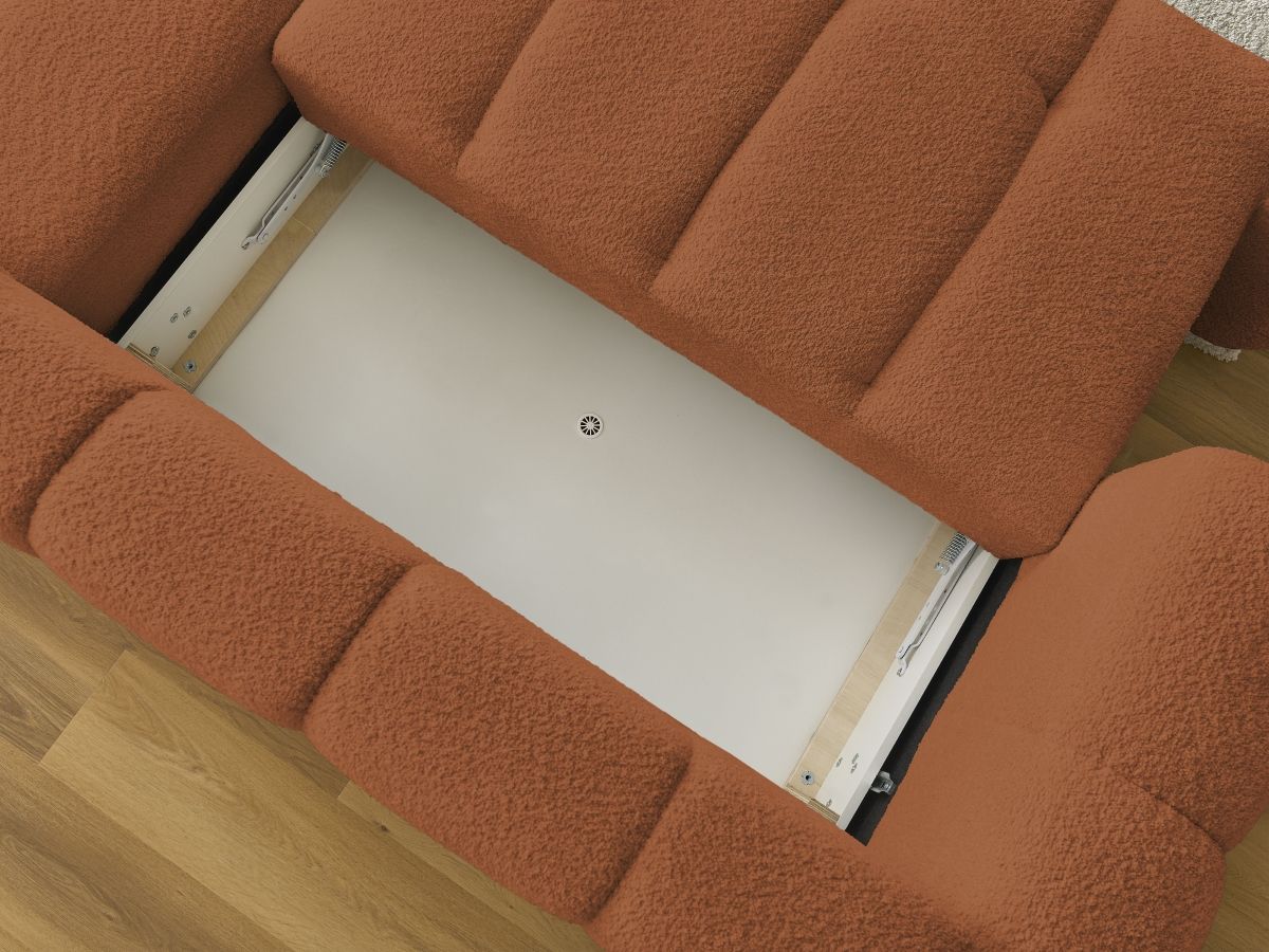 Bobochic Fuji Ecksofa mit Schlaffunktion und Bettkasten und Pouf 292 × 160 cm Bouclé-Stoff Orange Ecke rechts