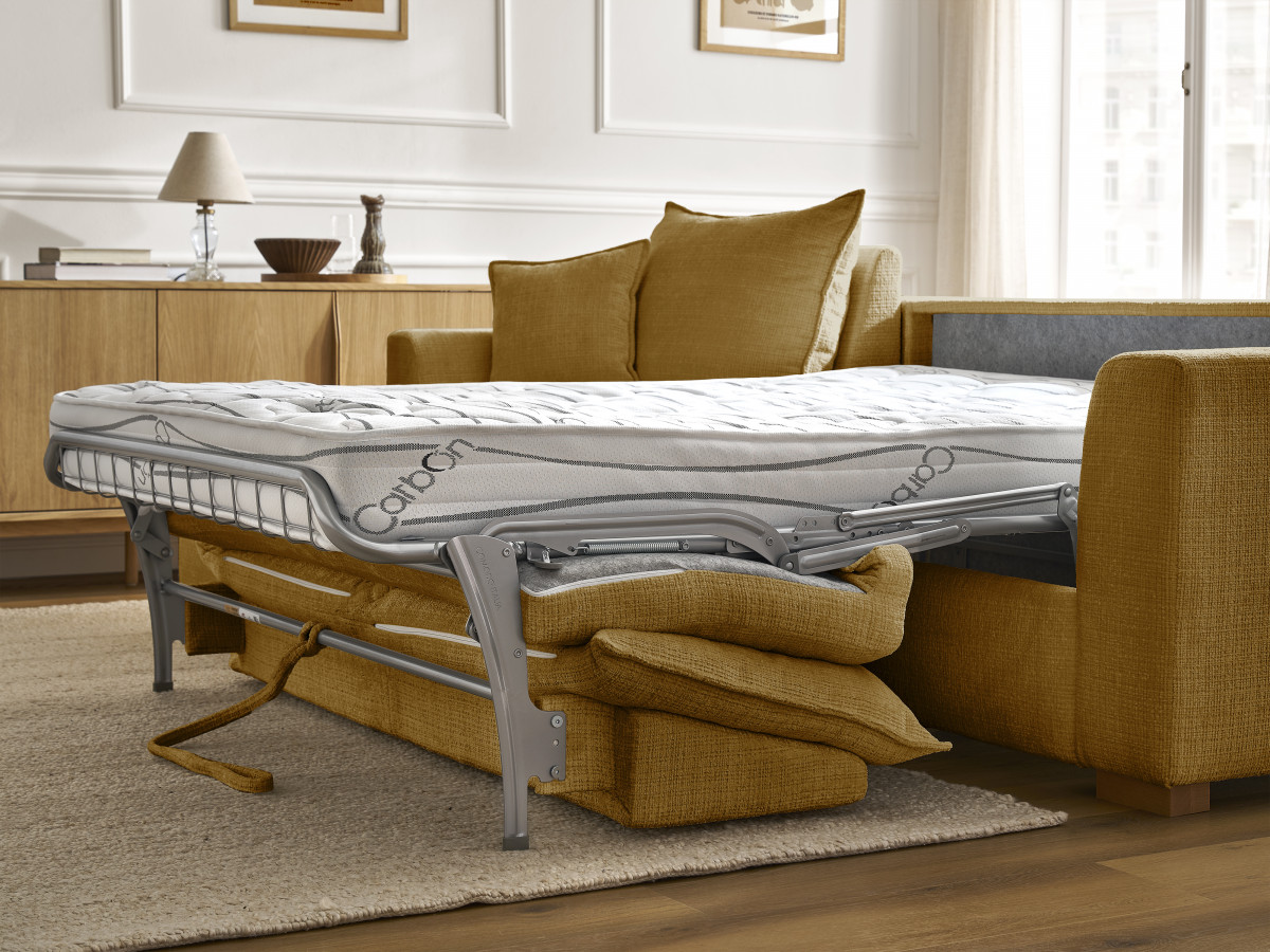 Bobochic Augustin Ecksofa mit Schlaffunktion und Bettkasten Strukturstoff Gelb, Liegefläche 140 × 200 cm