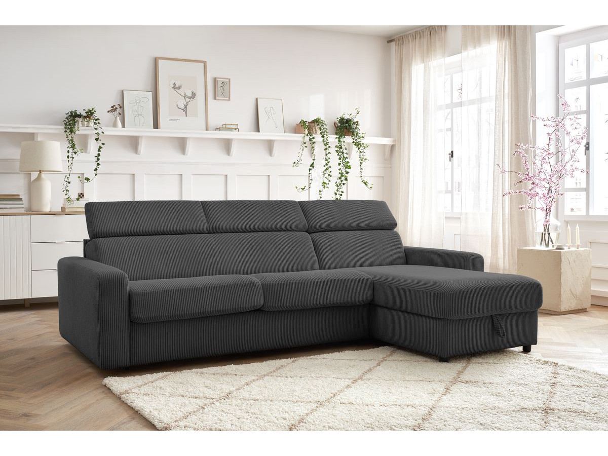 Bobochic Monaco Ecksofa mit Schlaffunktion und Bettkasten Cordsamt Dunkelgrau, Liegefläche 140 × 190 cm