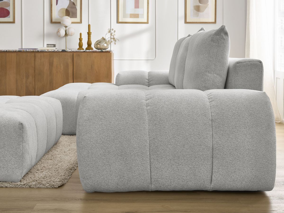 Bobochic Everest Ecksofa mit Schlaffunktion und Bettkasten und Pouf 318 × 180 cm, 3 Kissen Melange-Stoff Hellgrau Ecke links