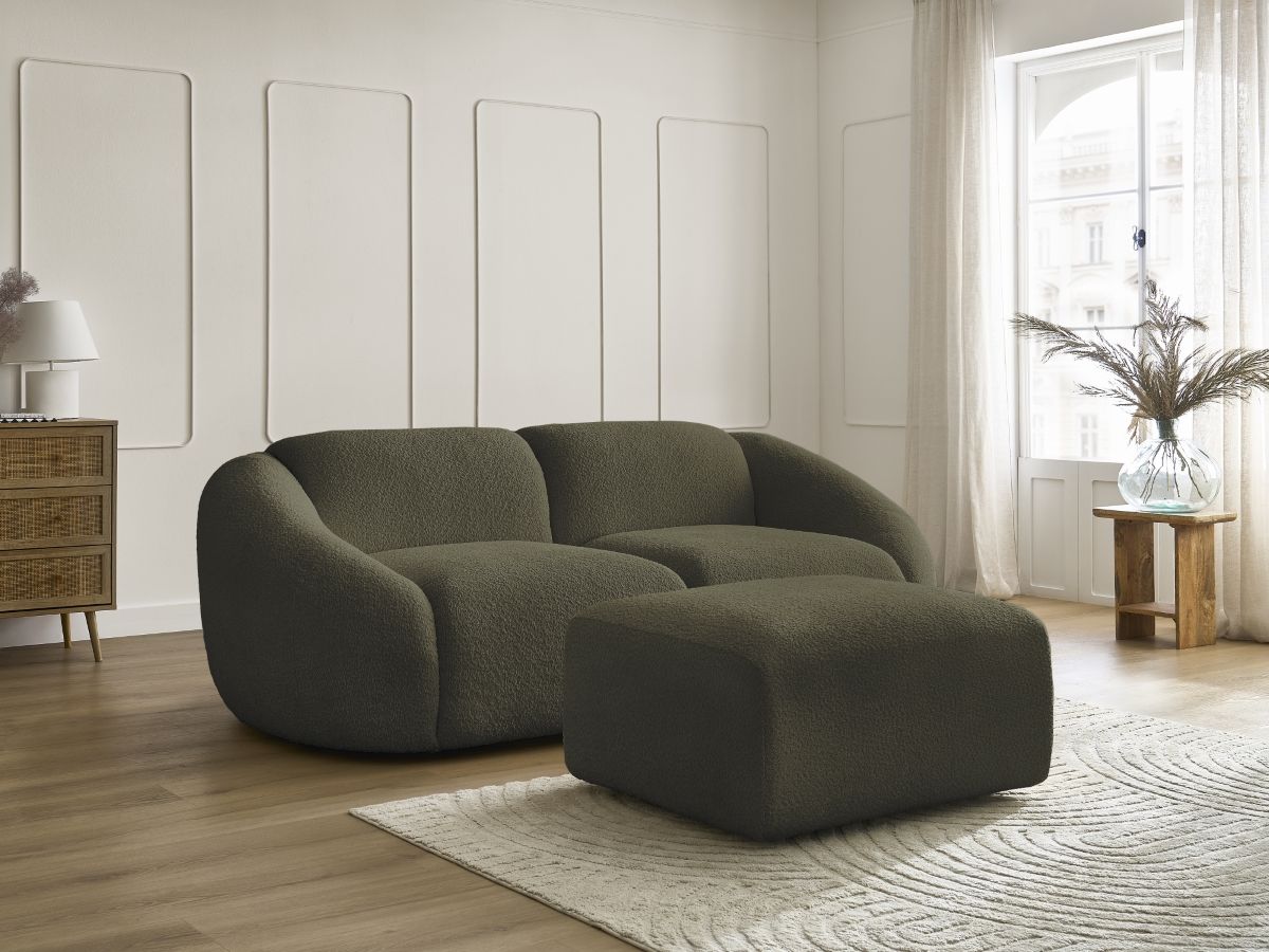 Bobochic Tina Sofa 3-Sitzer mit Pouf Bouclé-Stoff Grün