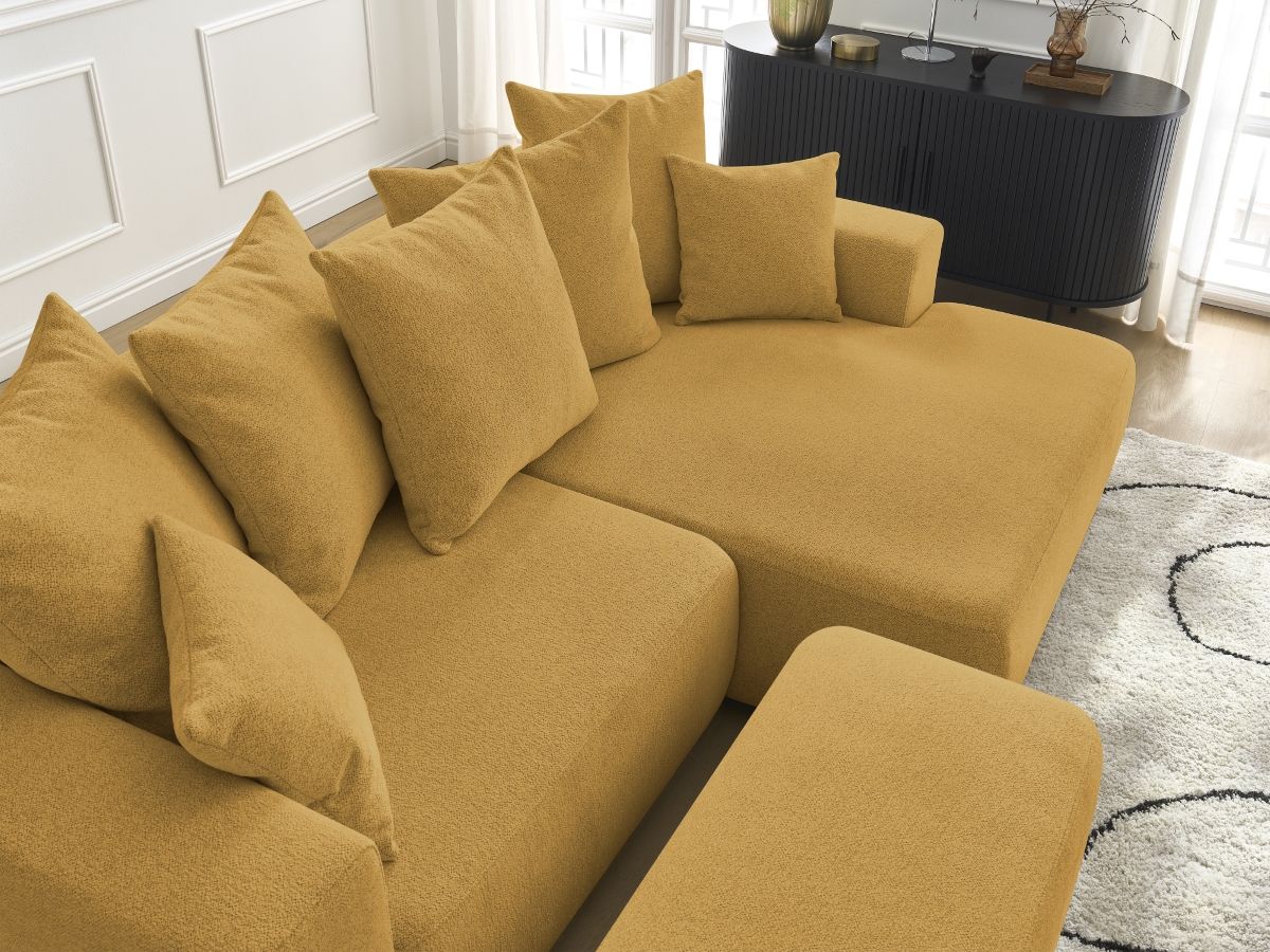 Bobochic Atilla Ecksofa mit Schlaffunktion und Bettkasten und Pouf Melange-Stoff Gelb Ecke rechts