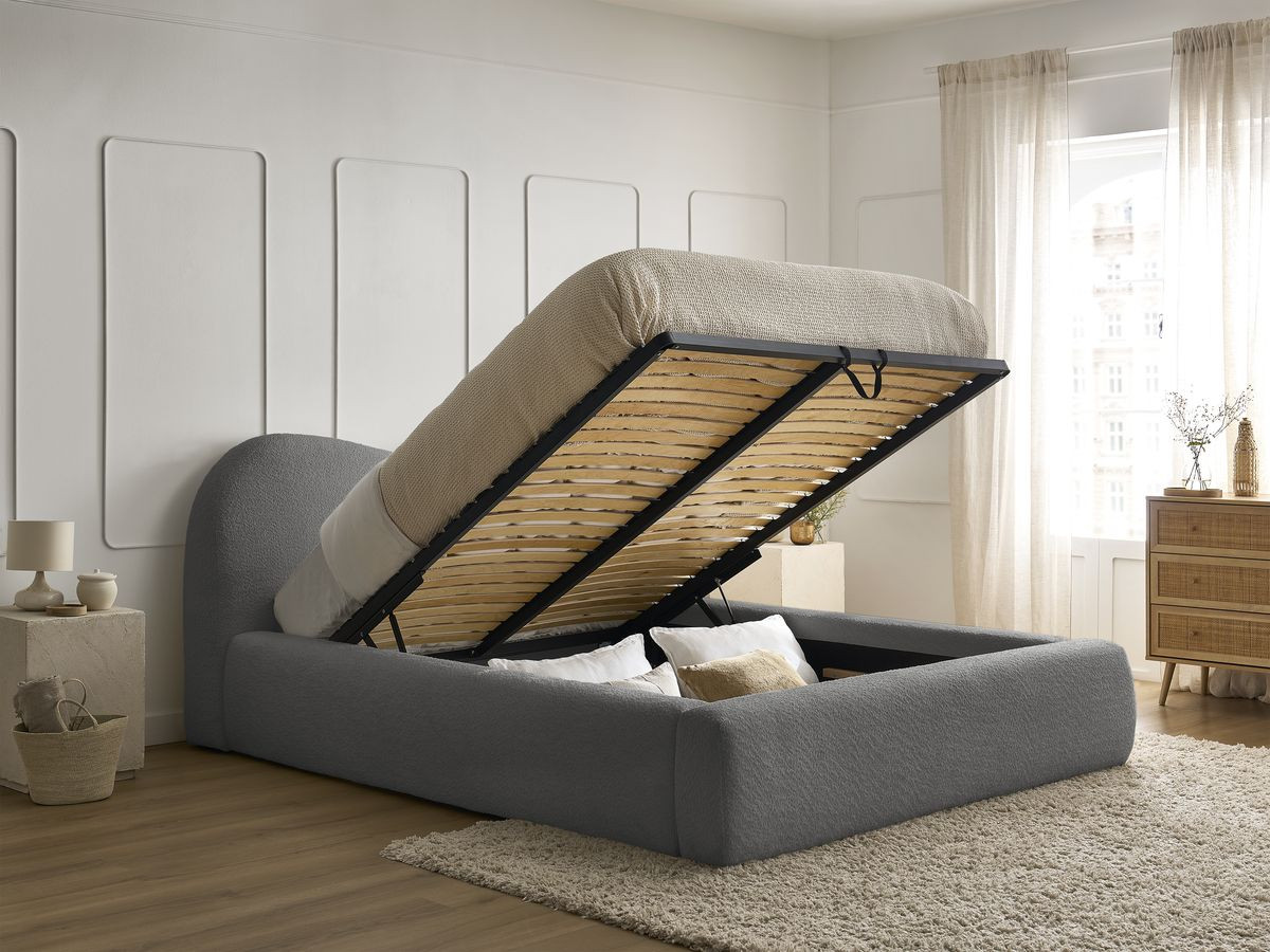 Bobochic Orlane Polsterbett mit Bettkasten Bouclé-Stoff Dunkelgrau, Liegefläche 140 × 190 cm