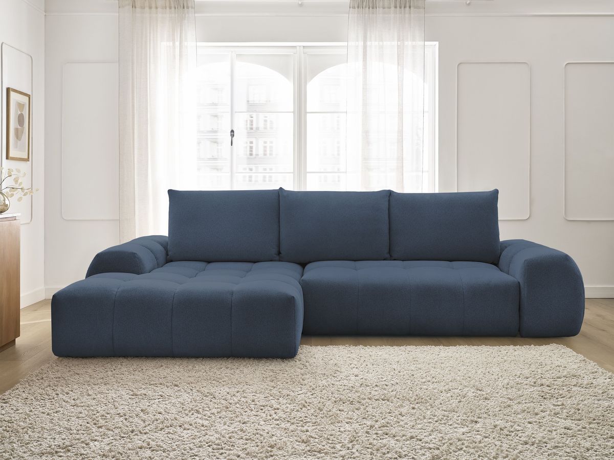 Bobochic Everest Ecksofa mit Schlaffunktion und Bettkasten 318 × 180 cm, 3 Kissen Melange-Stoff Dunkelblau Ecke links