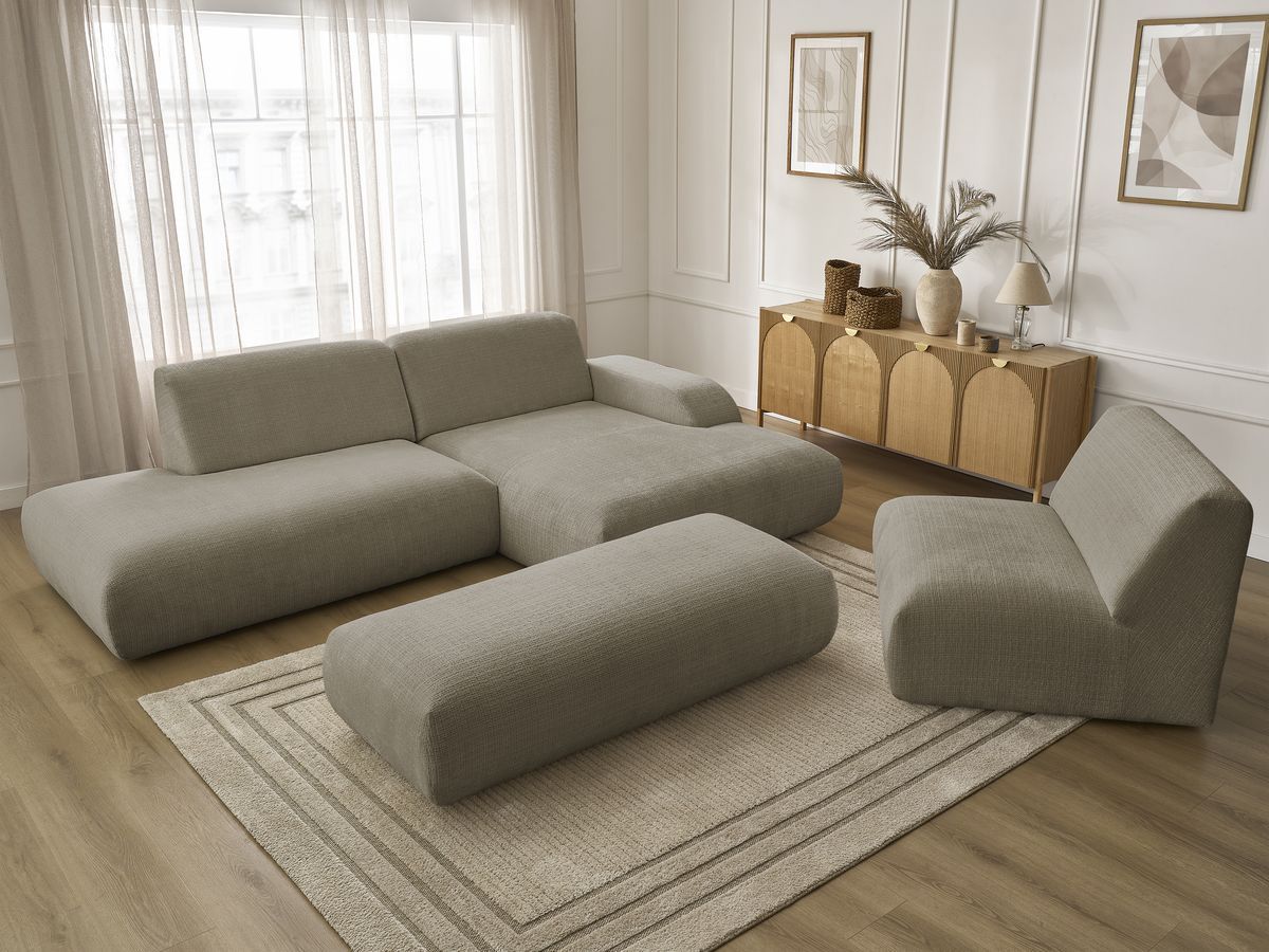 Bobochic Sirius Ecksofa mit Pouf 405 × 170 cm Strukturstoff Taupe Ecke rechts