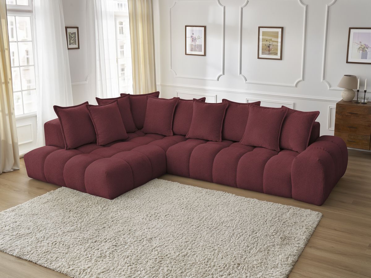 Bobochic Everest Ecksofa, 10 Kissen Melange-Stoff Rot Ecke links