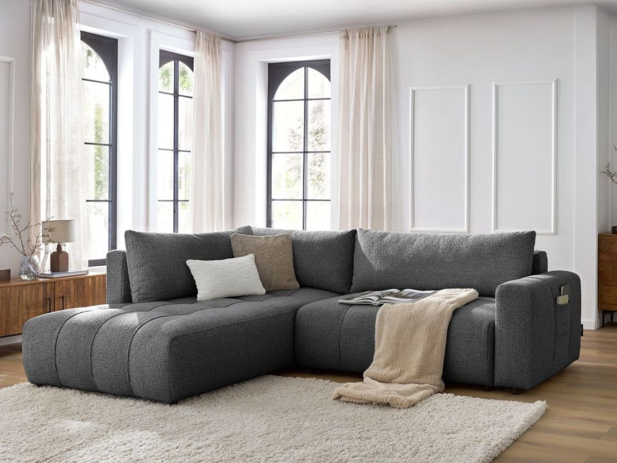 Bobochic Arsene Ecksofa mit Schlaffunktion und Bettkasten 277 × 200 cm Melange-Stoff Dunkelgrau Ecke links