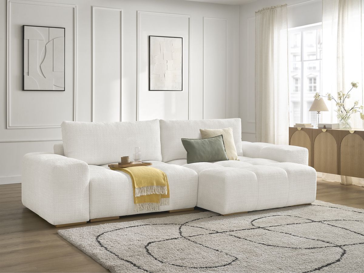 Bobochic Anakin Ecksofa mit Schlaffunktion und Bettkasten, 2 Kissen Strukturstoff Weiß