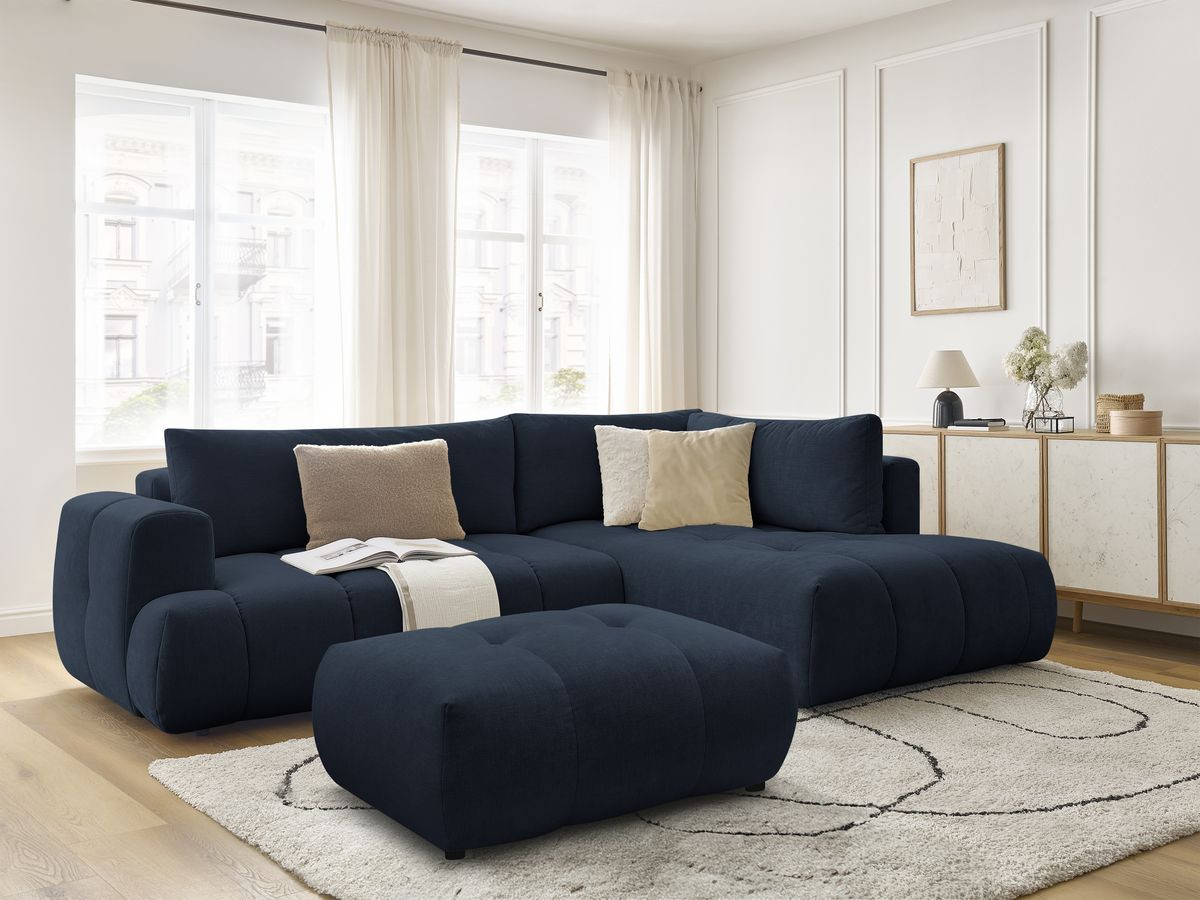 Bobochic Fuji Ecksofa mit Schlaffunktion und Bettkasten und Pouf 282 × 204 cm Stoff Dunkelblau Ecke rechts