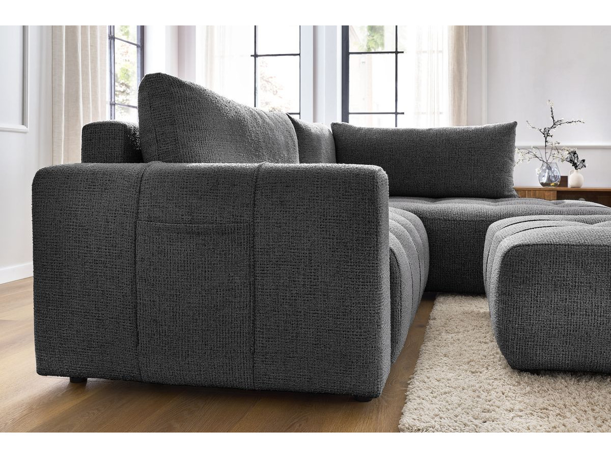 Bobochic Arsene Ecksofa mit Schlaffunktion und Bettkasten und Pouf 277 × 200 cm Melange-Stoff Dunkelgrau Ecke rechts