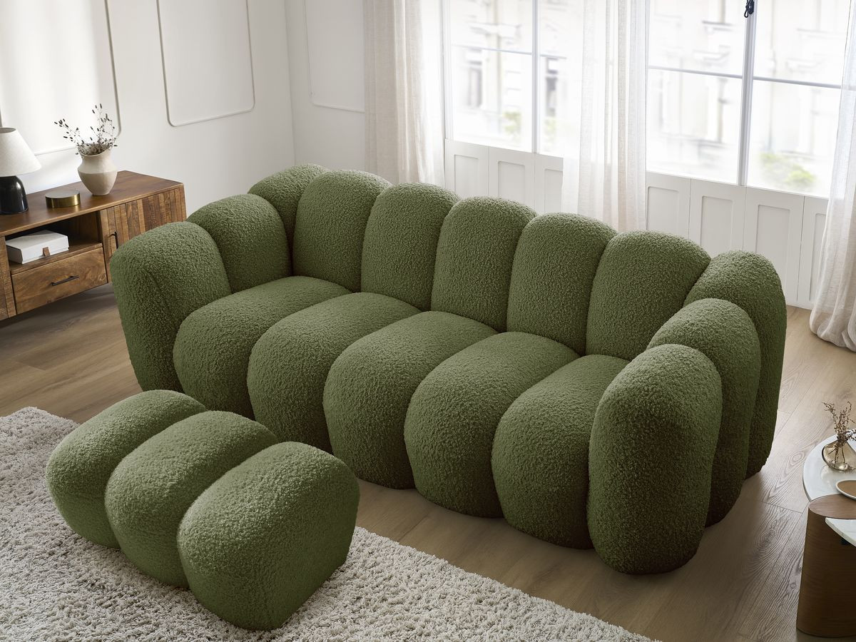 Bobochic Hippolyte Sofa 3-Sitzer mit Pouf Bouclé-Stoff Grün