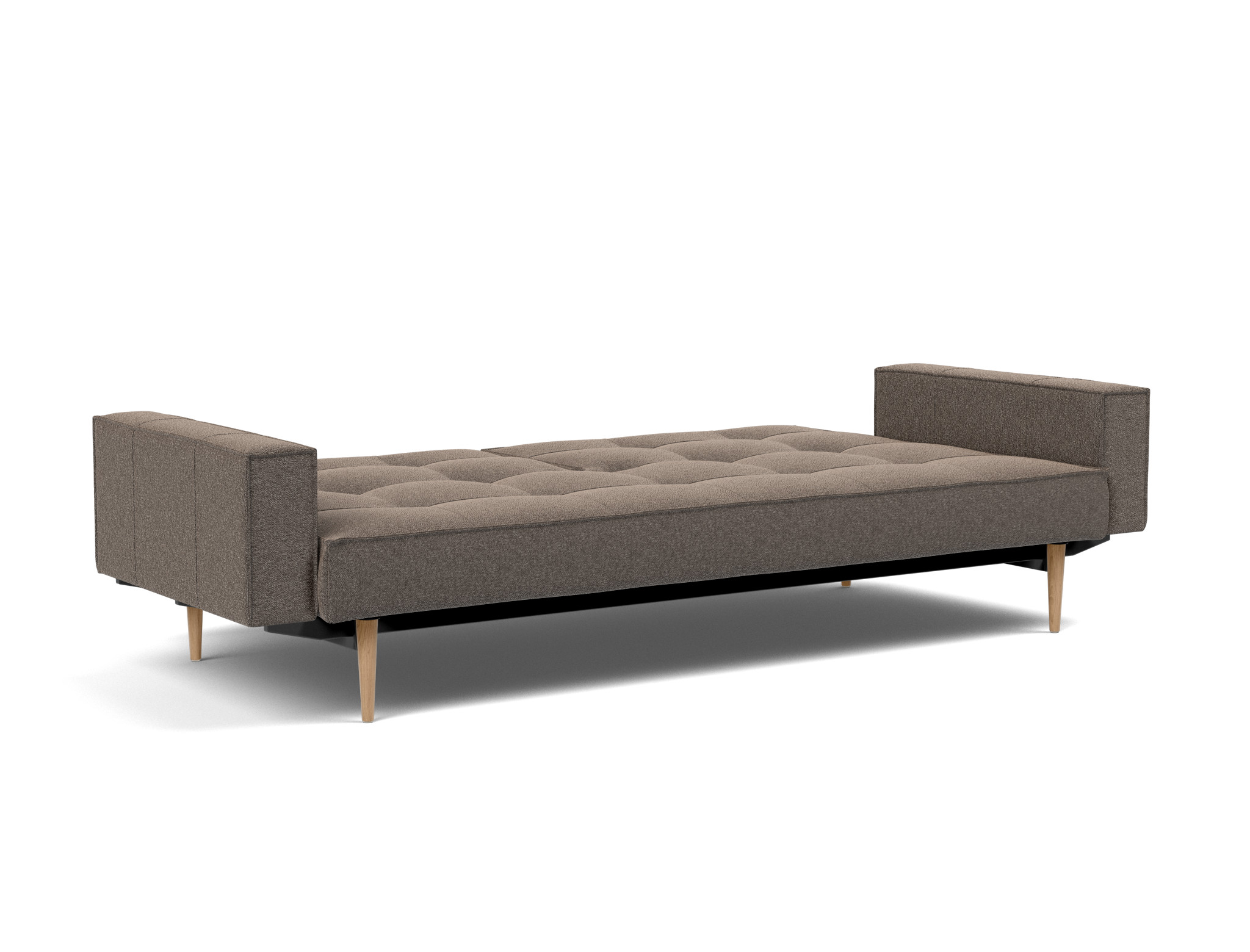 Schlafsofa Splitback mit Armlehnen Boucle Skandi 530-Taupe Beine Styletto Eiche hell