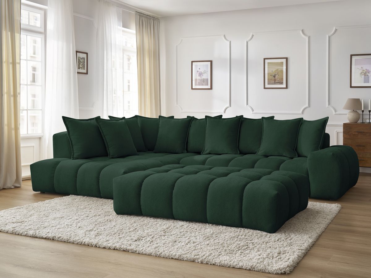 Bobochic Everest Ecksofa mit Schlaffunktion und Pouf, 10 Kissen Strukturstoff Grün Ecke links