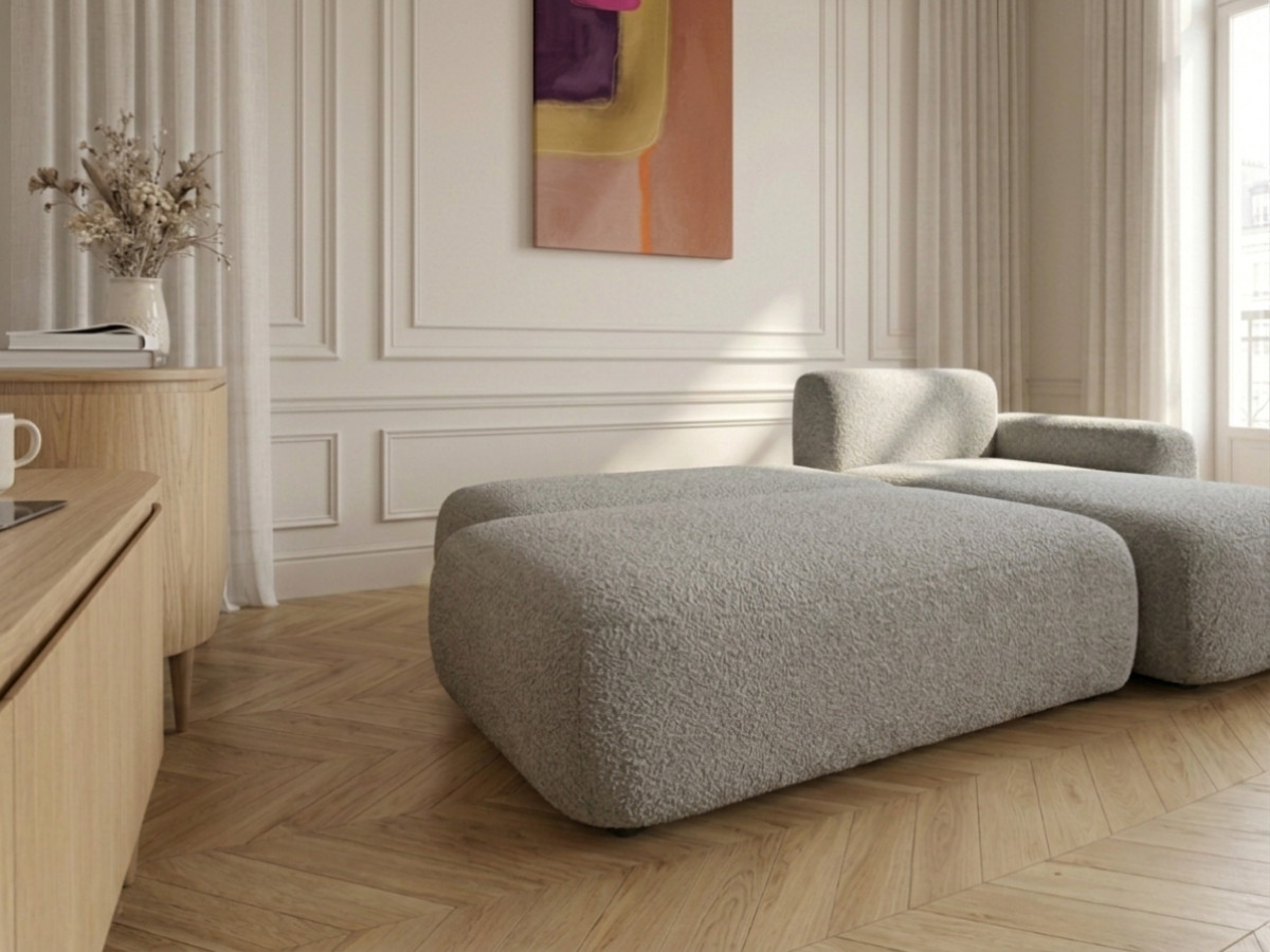Bobochic Tango Ecksofa mit Schlaffunktion und Bettkasten Bouclé-Stoff Grau Ecke rechts