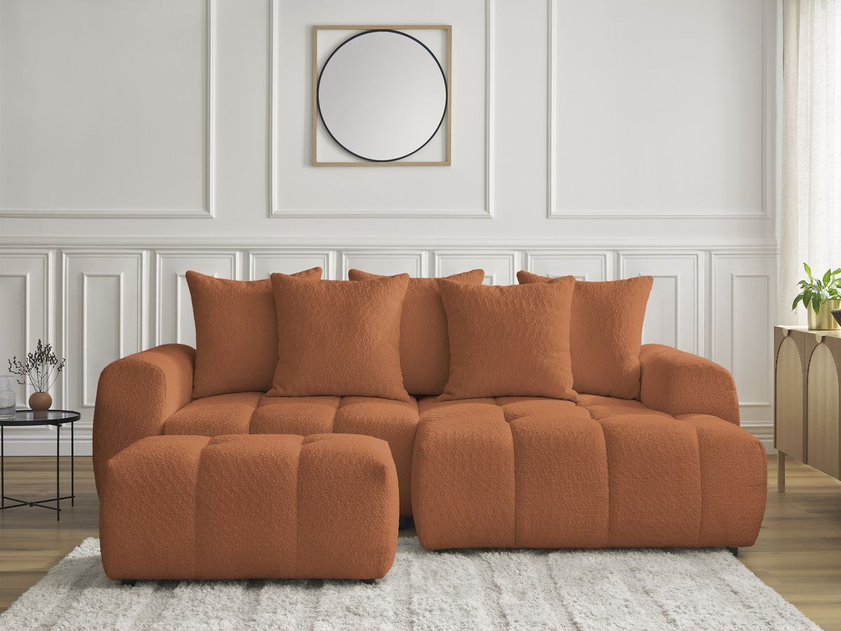 Bobochic Roxelane Ecksofa mit Schlaffunktion und Bettkasten und Pouf 258 × 150 cm Bouclé-Stoff Orange Ecke rechts