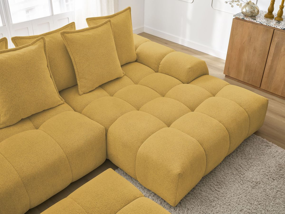 Bobochic Everest Ecksofa mit Schlaffunktion und Bettkasten und Pouf 318 × 180 cm, 7 Kissen Melange-Stoff Gelb Ecke rechts