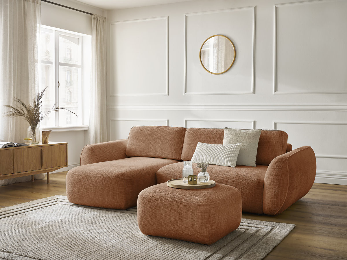 Bobochic Denise Ecksofa mit Schlaffunktion und Bettkasten und Pouf 258 × 160 cm Strukturstoff Orange Ecke links
