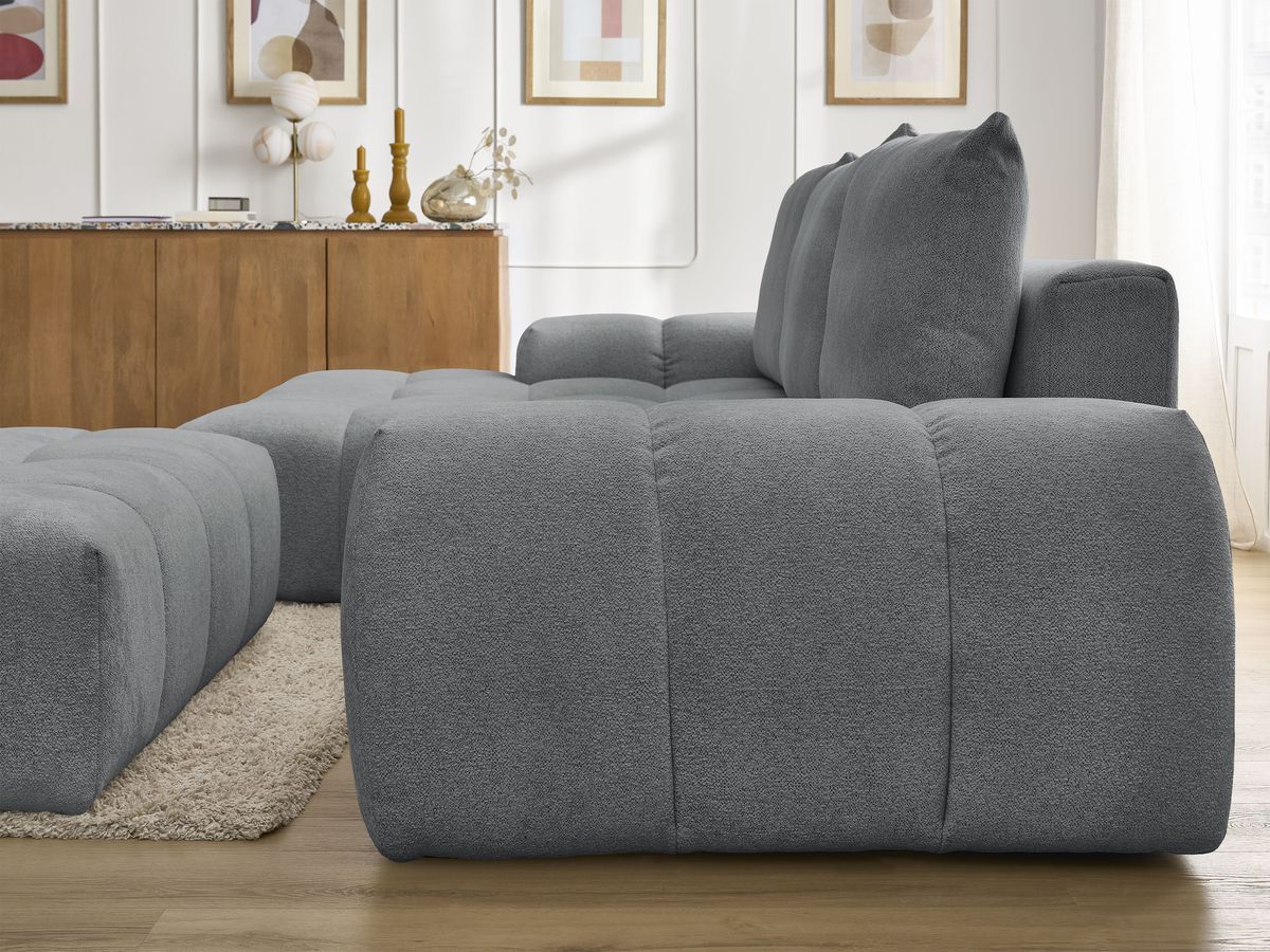 Bobochic Everest Ecksofa mit Schlaffunktion und Bettkasten und Pouf 318 × 180 cm, 3 Kissen Melange-Stoff Dunkelgrau Ecke links