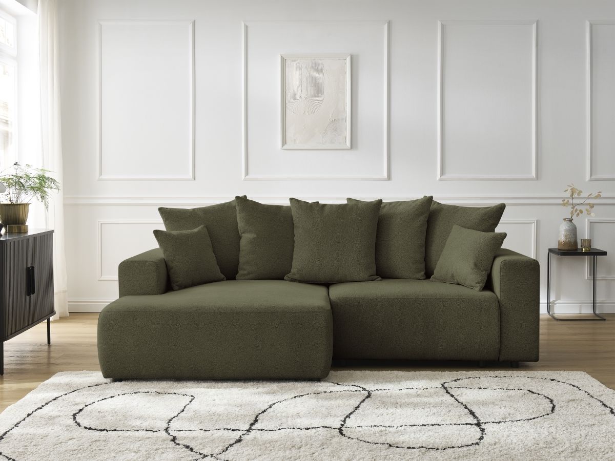Bobochic Atilla Ecksofa mit Schlaffunktion und Bettkasten Melange-Stoff Grün Ecke links
