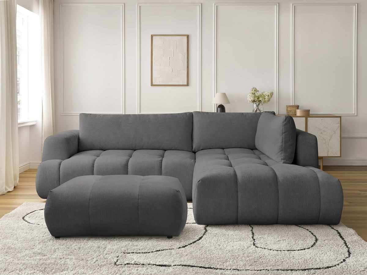 Bobochic Fuji Ecksofa mit Schlaffunktion und Bettkasten und Pouf 282 × 204 cm Stoff Dunkelgrau Ecke rechts