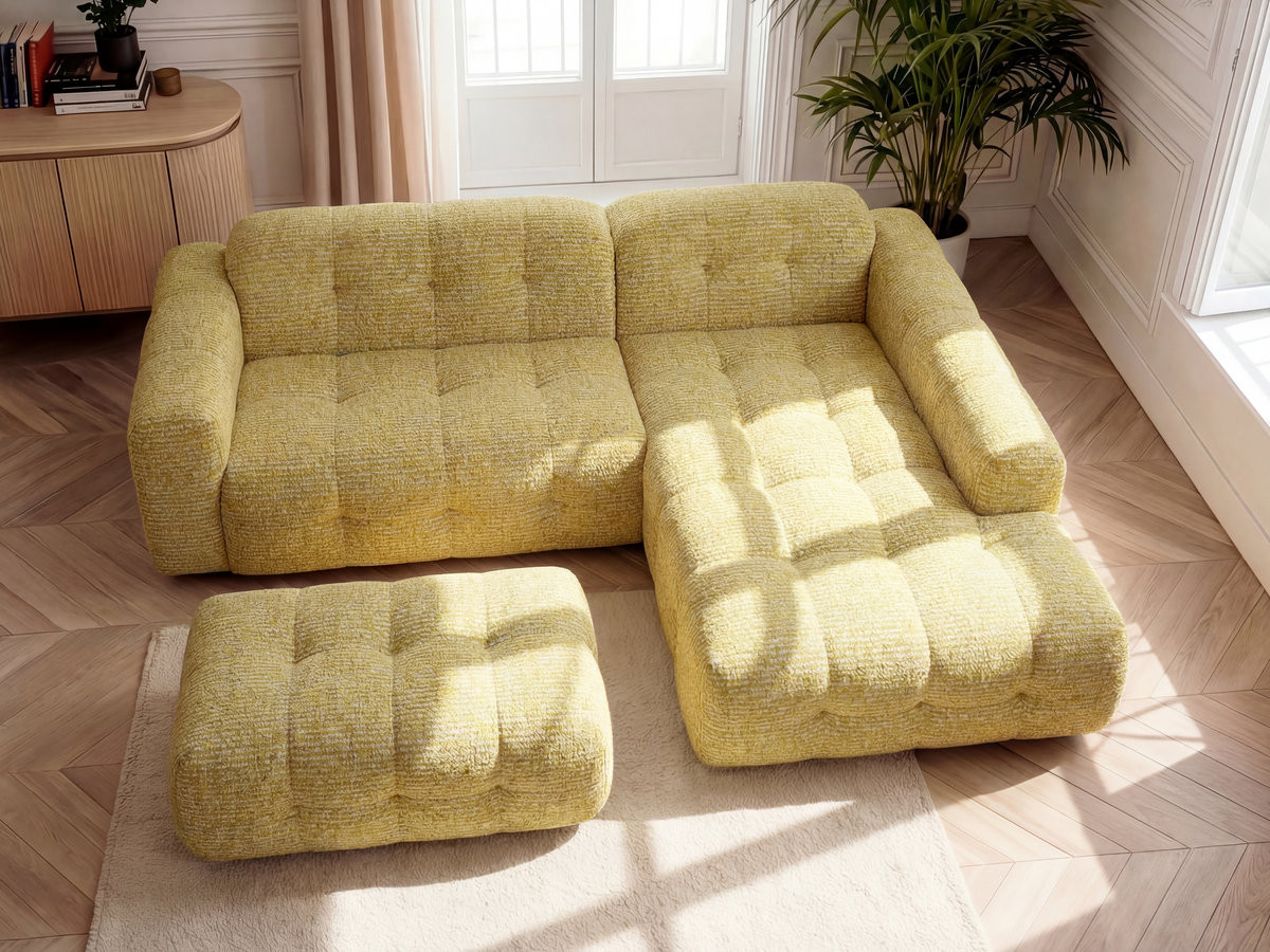 Bobochic Laura Ecksofa mit großem Pouf Melange-Stoff Gelb Ecke rechts